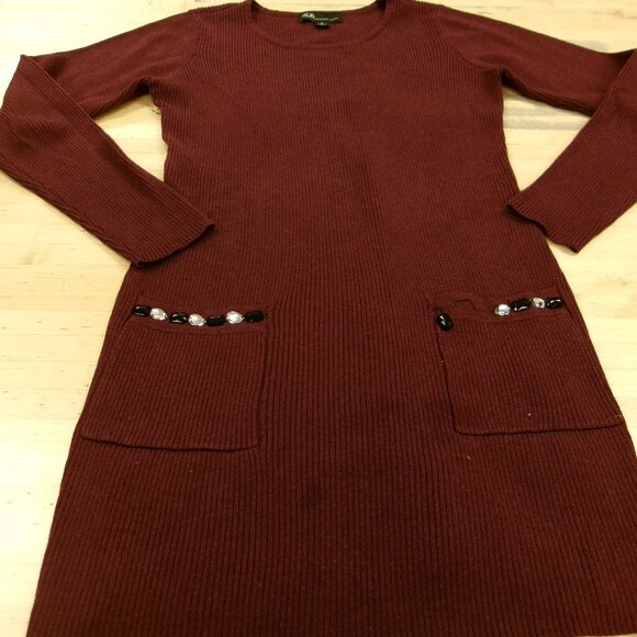 AGB Womens Ladies Maroon Burgundy Long Sleeve Pullover Tunic Sweater w/ Pockets - Picture 1 of 16